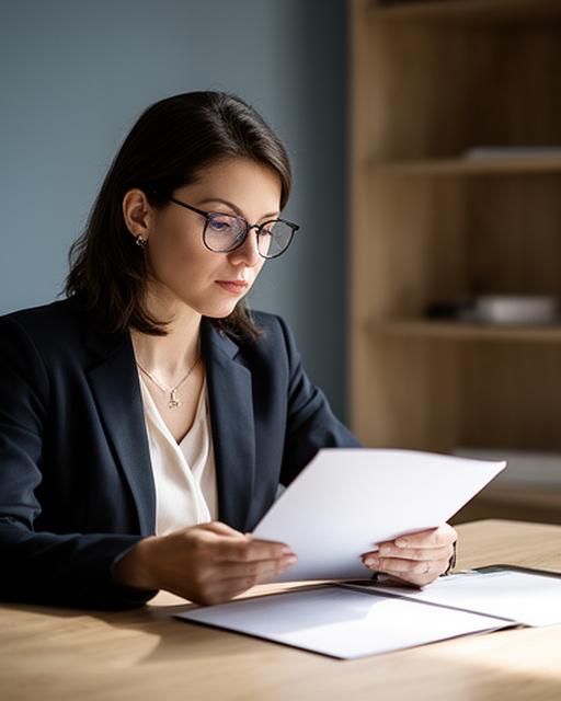 Carmen Vallejo revisando un dossier en una mesa de madera clara, con gafas y luz lateral intensa