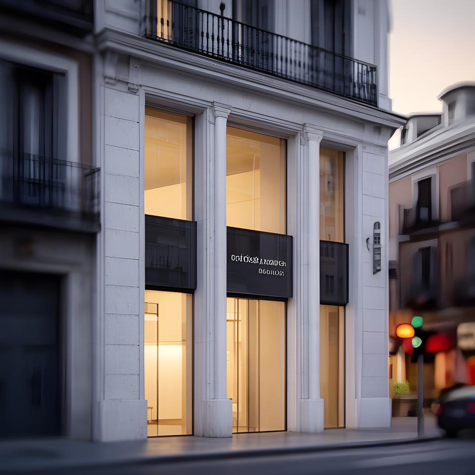 Fachada urbana del despacho jurídico en Bravo Murillo, Madrid, con luz de tarde y detalles arquitectónicos sobrios