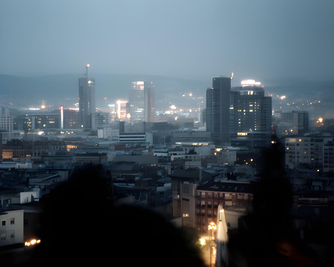 Panorámica granulada de Madrid al atardecer con una silueta corporativa sobria y luces urbanas intensas