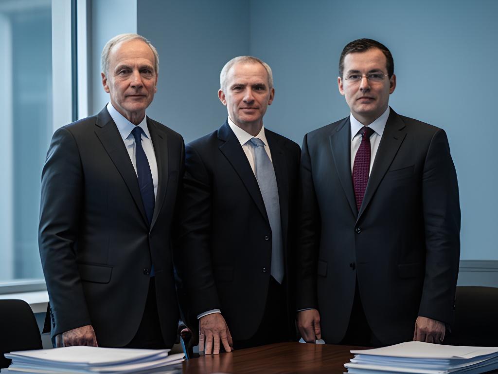 Tres abogados de pie en una sala de reuniones sobria en Madrid, con documentos y una luz lateral marcada