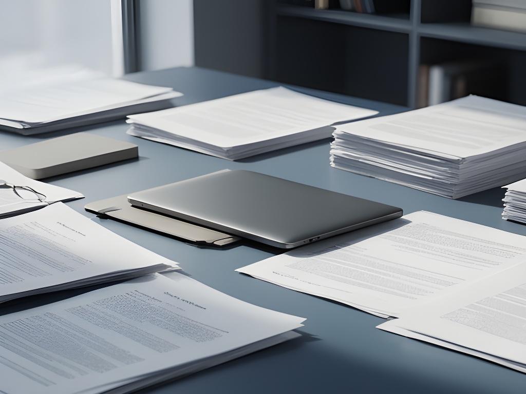 Mesa de trabajo jurídica con documentos ordenados, un ordenador portátil y luz natural en una oficina de Madrid