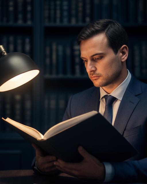 Daniel Rodríguez en una biblioteca jurídica, sosteniendo un expediente bajo una lámpara de escritorio